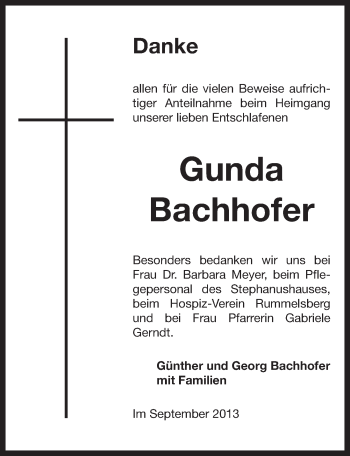 Traueranzeige von Gunda Bachhofer von Pegnitz-Zeitung